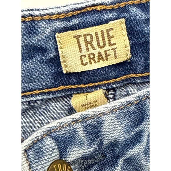True Craft Skirt Womens Distressed Ripped Blue Denim Jean Mini Raw Hem Size 7 - Picture 8 of 11